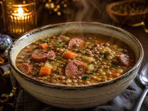 Linsensuppe mit Wurst, Gem&uuml;se und kr&auml;ftiger Br&uuml;he in rustikaler Sch&uuml;ssel. Das traditionelle Gericht wird in Deutschland an Silvester gern gegessen und symbolisiert Gl&uuml;ck und Wohlstand.