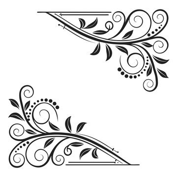 Elegant floral corner borders with black leaf patterns and dotted scroll accents for decorative frame designs or wedding invitation layouts featuring symmetrical botanical filigree motifs.