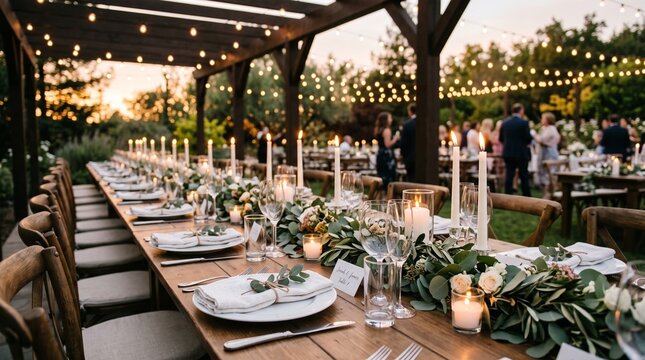 Luxury garden wedding reception banquet table with string lights and soft evening lighting, catering
