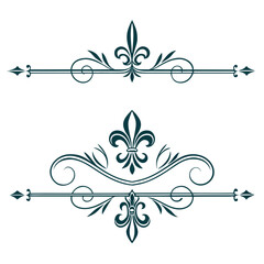 Set of elegant fleur de lis divider ornaments featuring symmetrical flourish scrolling lines and royal emblem motifs for vintage luxury invitations and decorative stationery layout page separators. © go