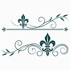 Graphic decorative dividers with fleur de lis symbols and flowing organic vines perfect for elegant page separation in wedding invitations certificates menus or luxury printed stationary design. © go