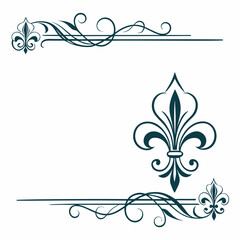 Sophisticated fleur de lis frame corners with ornate decorative borders for premium stationery design featuring elegant heraldic symbols and fluid calligraphic scrollwork on white background. © go