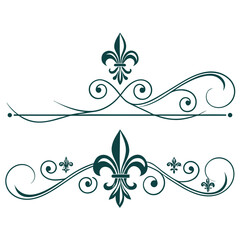Elegant ornamental page separators featuring intricate fleur de lis heraldic elements and scrolling vine designs for professional stationery and sophisticated wedding invitation print layouts. © go