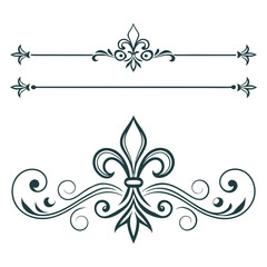 Fleur de lis vector ornament elements for design, ornamental lines with heraldic lily symbols, elegant decorative borders, vintage calligraphic divider set. © go