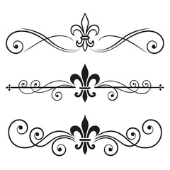Set of three elegant black flourishes with a fleur de lis icon. a decorative vintage swirl element. a floral ornament for design of invitation greeting card or menu. © go