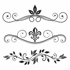 Vintage floral scroll dividers with decorative leaves and fleur de lis symbols for elegant page layout design featuring classic black line art flourishes for invitations and book headers. © go