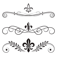 Set of three elegant black flourishes with fleur de lis and leaves. decorative vintage swirl element. floral ornament for design of invitation greeting card or menu. isolated on white. © go