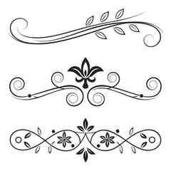 Set of three elegant black flourishes with leaves abstract and fleur de lis elements. decorative vintage swirl elements. floral ornament for invitation greeting card or menu design. © go