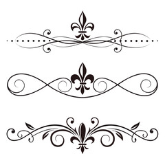Black decorative flourish divider with fleur de lis element and scrolling vines elegant ornamental flourish vintage divider design element. © go