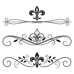 Ornate black divider flourish with fleur de lis and leaves elegant decorative flourish vintage divider graphic element for design. © go