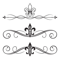 Vintage black decorative divider with fleur de lis and swirls elegant flourish divider graphic element for invitations. © go