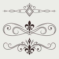 Selection of artistic fleur de lis decorative separators vector graphics showcasing elaborate scrollwork patterns and elegant framing motifs for creative print layouts and digital web designs. © go