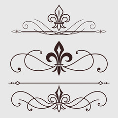 Set of elegant fleur de lis divider elements vector illustration featuring ornamental flourishes and classic flourishes isolated on neutral background design suitable for professional stationery work. © go