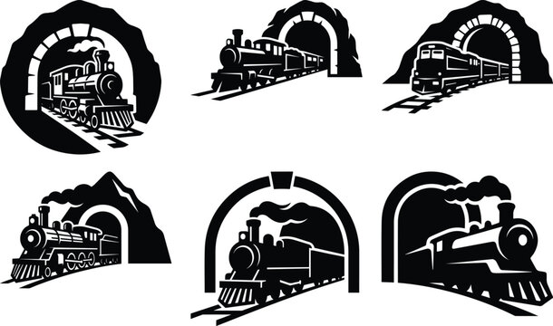 A train entering a tunnel bundle silhouette icon vector art illustration