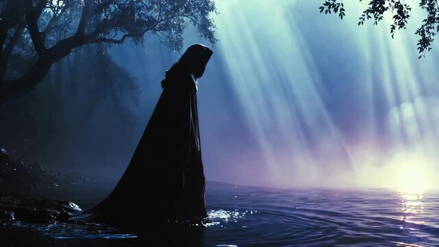 A lone cloaked figure by water in dramatic fantasy style on a misty forest backdrop, evoking mystery concept