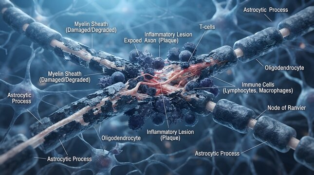 Anatomical rendering of damaged myelin sheaths and immune cell infiltration in nerve fibers.