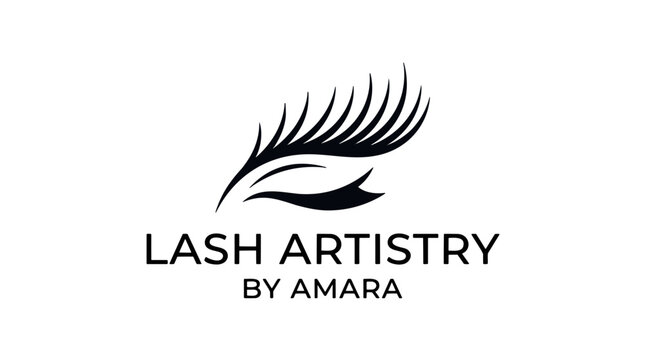 A minimalist yet striking logo features a single elegant eye with long, perfectly sculpted eyelashes, representing sophisticated lash artistry.