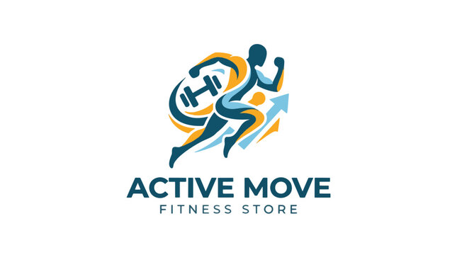 Modern fitness store logo featuring a dynamic runner silhouette holding a dumbbell with an upward arrow.