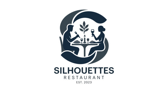 A creative dark blue logo, shaped as an initial 'S', stylishly depicts a couple's silhouettes sharing a romantic dinner with wine, establishing a restaurant.