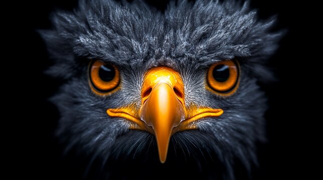 Bird of prey with piercing orange eyes and detailed grey feathers on a black backdrop