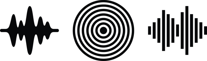 Naklejka premium Black sound wave and equalizer icons with concentric circle pattern