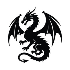 Fototapeta premium Dragon silhouettes, black dragon silhouette vector, sitting dragon silhouette, dragon crest wings set, fantasy dragon silhouette symbol