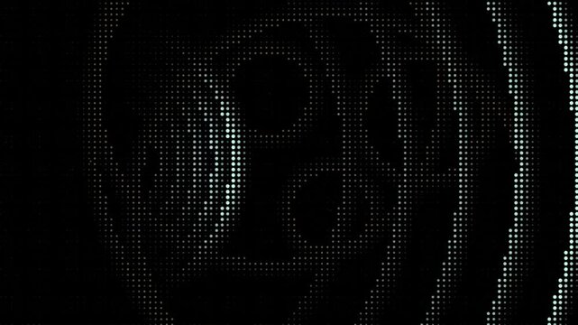 Bat Biosonar Echolocation Halftone Dot Grid Animation: Ultrasound Chirp Rings With Cyan and Amber Echo Returns on Black Background, Cave Acoustic Sonar Visualization