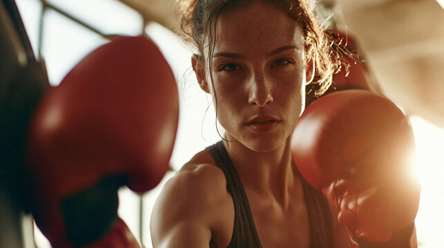 Powerful Female Boxer Showcases Determination and Strength in Intense Boxing Workout Session at Indoor Gym