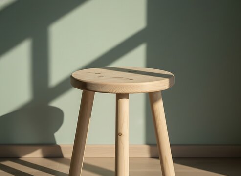 Wooden Three-Legged Stool in Sunlit Minimalist Interior with Soft Shadows