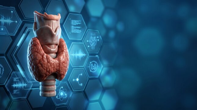 Realistic Human Thyroid Gland Anatomy with Larynx and Medical Technology Background