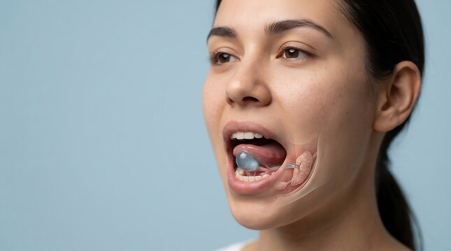 Medical illustration of a ranula cyst beneath the tongue showing the anatomical structure of sublingual glands