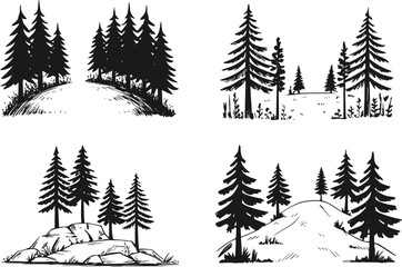 Set of four hand-drawn black and white forest landscape featuring pine trees on hills and rocks © Mohammad