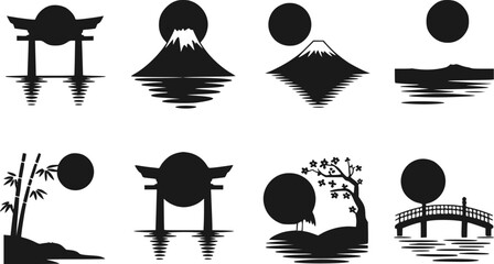 富士山、鳥居、竹、伝統的な橋を特徴とするミニマリストな日本風景のセット © Mohammad