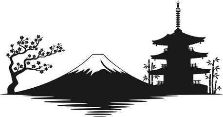 白背景にある伝統的な日本の五重塔と桜の木を伴う富士山のシルエット © Mohammad