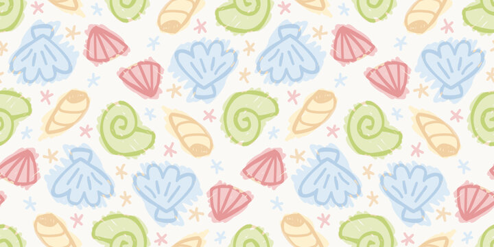 Seamless background pattern with dense hand drawn colorful pastel sea shells and clams on white
