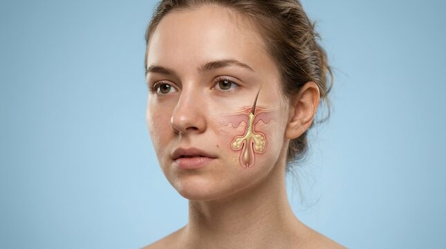 Conceptual illustration of human skin structure with a cutaway showing a hair follicle and sebaceous gland on a woman's cheek