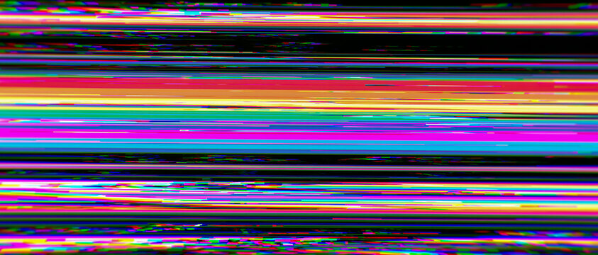 レインボーカラーの映像乱れを描いたサイバーグリッチ背景