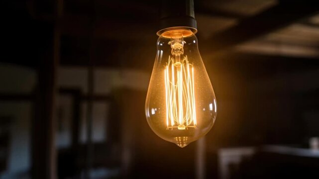 A glowing light bulb hangs from the ceiling in a dark room with industrial beams.