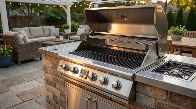Modern stainless steel barbecue grill on a stylish backyard patio. Outdoor cooking, summer entertaining, home lifestyle, family gathering, backyard living.