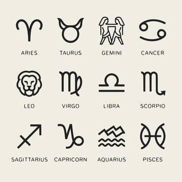Minimalist collection of twelve astrological zodiac signs symbols in a clean line art grid for horoscope and mysticism designs