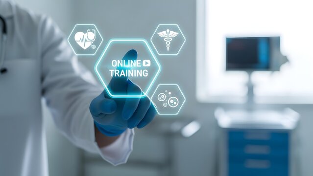 Doctor hand pressing on the word Online Training in a hexagon symbol for the concept of health education and online course.