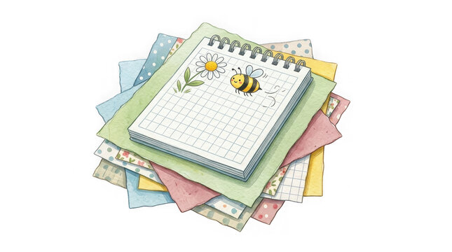 Illustration of spiral notebook with cute bee and flower drawing on paper stack.