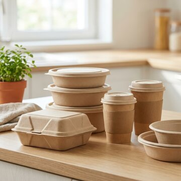 Eco friendly disposable food containers on a kitchen counter. Sustainable packaging, takeaway meals, zero waste lifestyle, modern food service, green business.