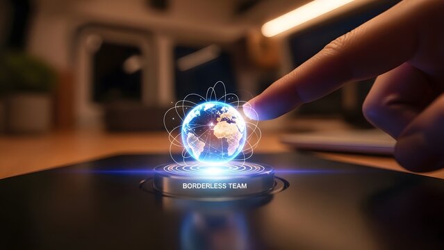 A hand touching a holographic globe displaying the word Borderless Team for the concept of globalization and technology.