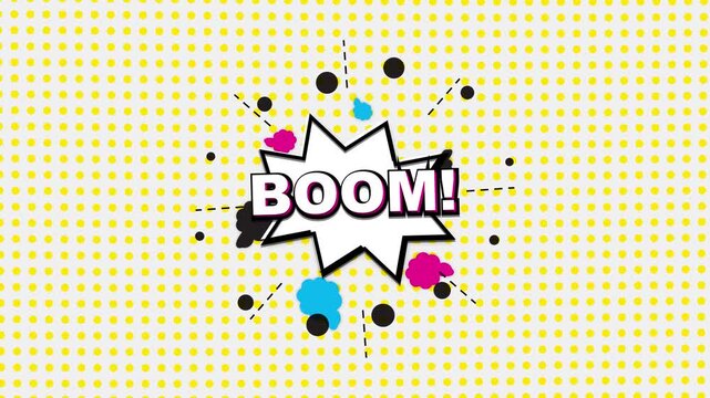 Retro comic book pop art illustration featuring a white BOOM speech bubble, radiating black dashed lines, and colorful shapes on a yellow halftone dot patterned background.