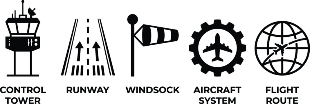 Aviation and airport infrastructure vector icon set featuring black silhouette control tower runway windsock and flight route elements