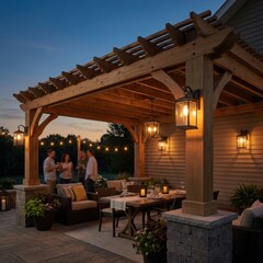 Obraz premium Luxury timber home with a warmly lit outdoor patio at dusk. Cozy architecture, evening entertaining, premium real estate, modern living, backyard comfort.