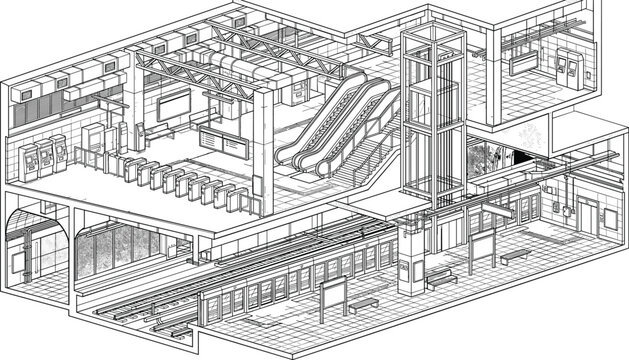 Isometric cross section of modern subway station featuring escalators and platform level design.