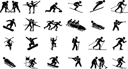 Obraz premium Winter Sports Athlete Silhouette Collection with Hockey, Figure Skating, Curling, Skiing, Snowboarding, Bobsleigh, Biathlon, and Ice Competition Symbols
