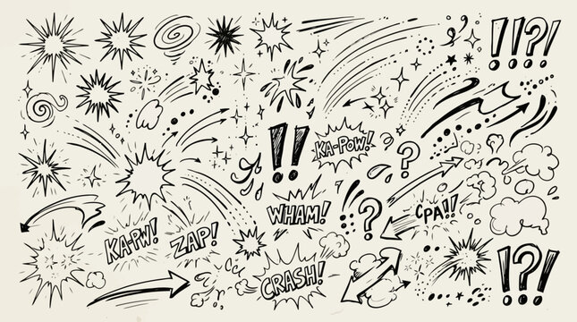 Comic book style speech bubbles, sound effects, and action elements